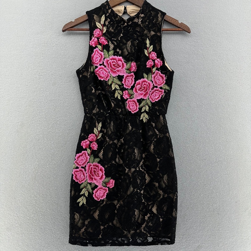 As U Wish Black Lace Dress Floral Embroidered Sleeveless XS Romantic Coquette